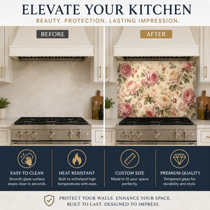 Dusty pink and cream vintage roses backsplash panel mounted behind a stainless steel kitchen sink.