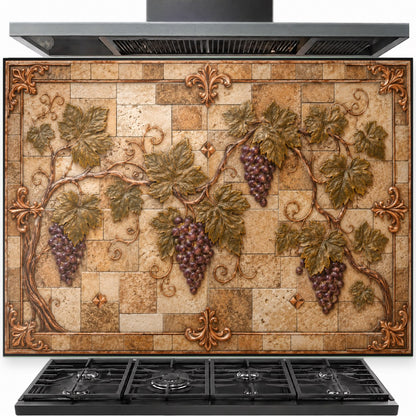 Copper Grapes tempered glass backsplash installed behind a professional gas stove in a rustic Tuscan style kitchen.