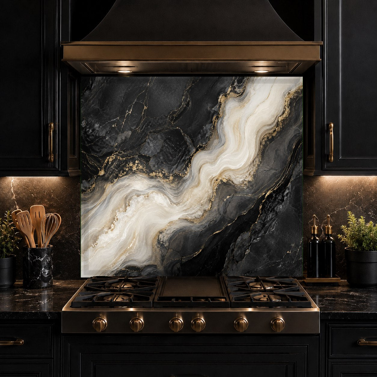 Modern kitchen featuring white marble effect glass backsplash behind the range