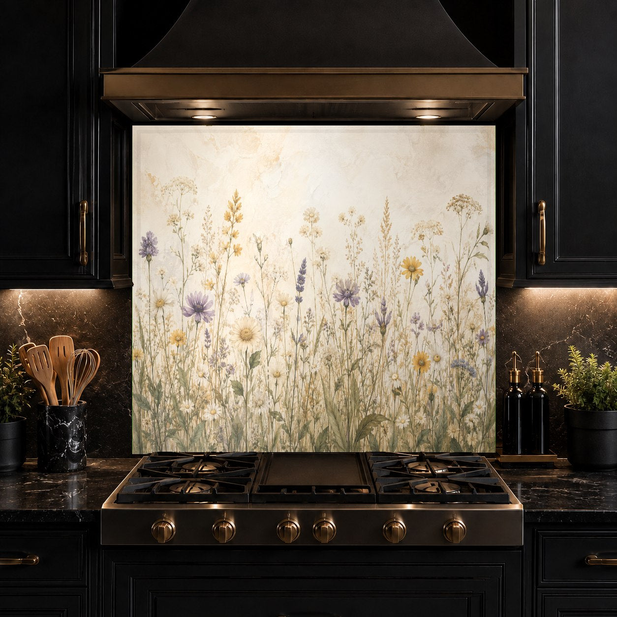 Elegant home bar area featuring a colorful floral glass backsplash panel under warm under-cabinet lighting.