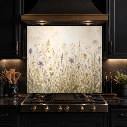Elegant home bar area featuring a colorful floral glass backsplash panel under warm under-cabinet lighting.