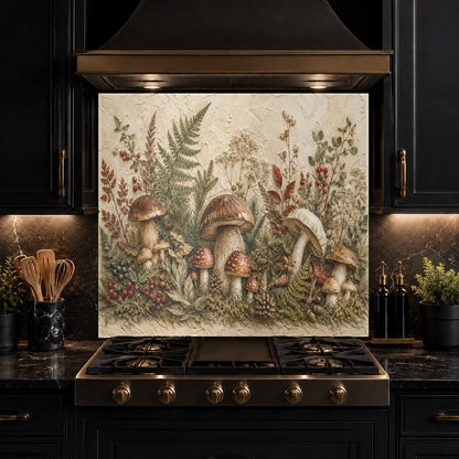 Durable tempered glass stove guard with a woodland mushroom print in a dark-themed kitchen.
