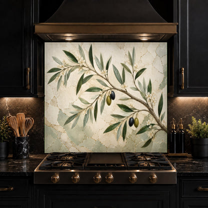 Earthy kitchen decor featuring an Olive Whisper glass panel installed as a protective backsplash behind the sink.