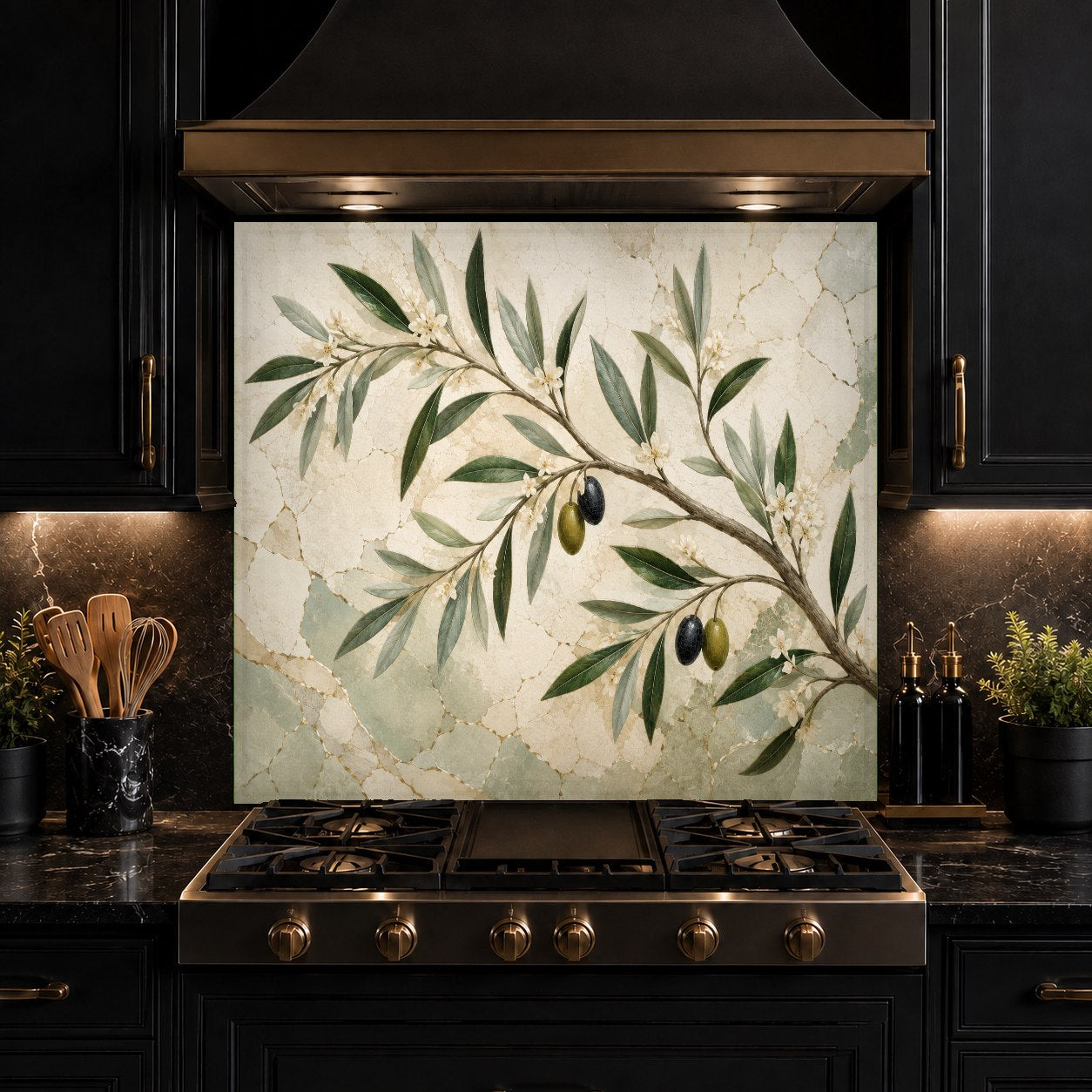 Custom size Olive Whisper tempered glass backsplash installed seamlessly on a modern kitchen wall.