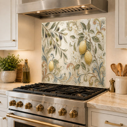 Sleek, grout-free glass kitchen backsplash with a vibrant botanical citrus design behind a sink.