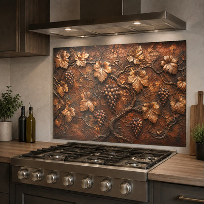 Bronze Vineyard tempered glass kitchen backsplash protecting the sink wall