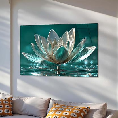 Wall art of a lotus flower on a white wall above a sofa with patterned cushions.