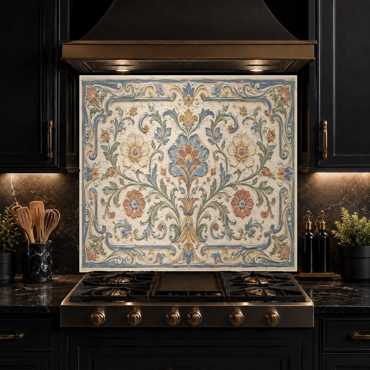 Elegant Mediterranean style glass backsplash panel creating a stunning focal point behind a kitchen island cooktop.