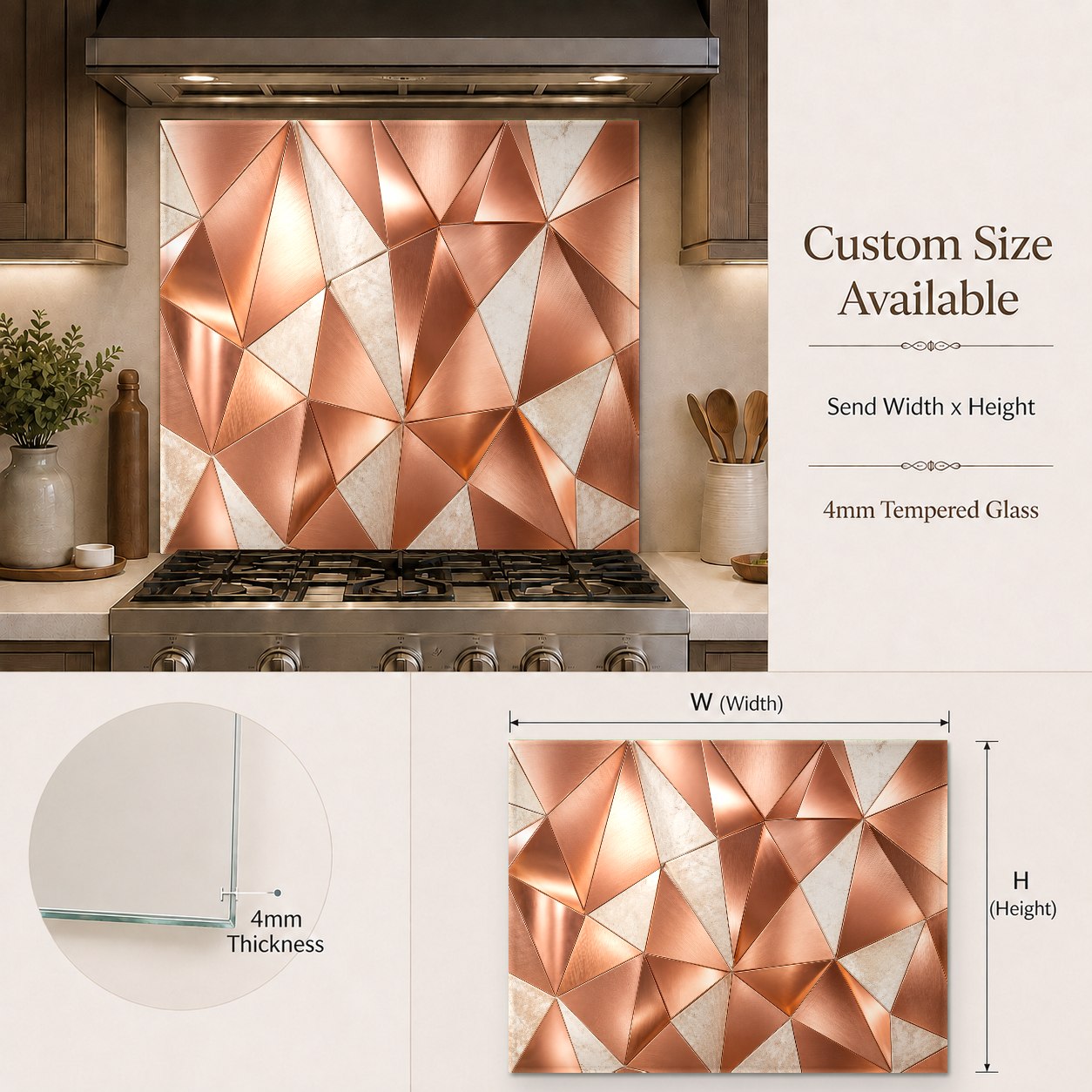 Luxury home bar area decorated with a vibrant abstract copper glass backsplash