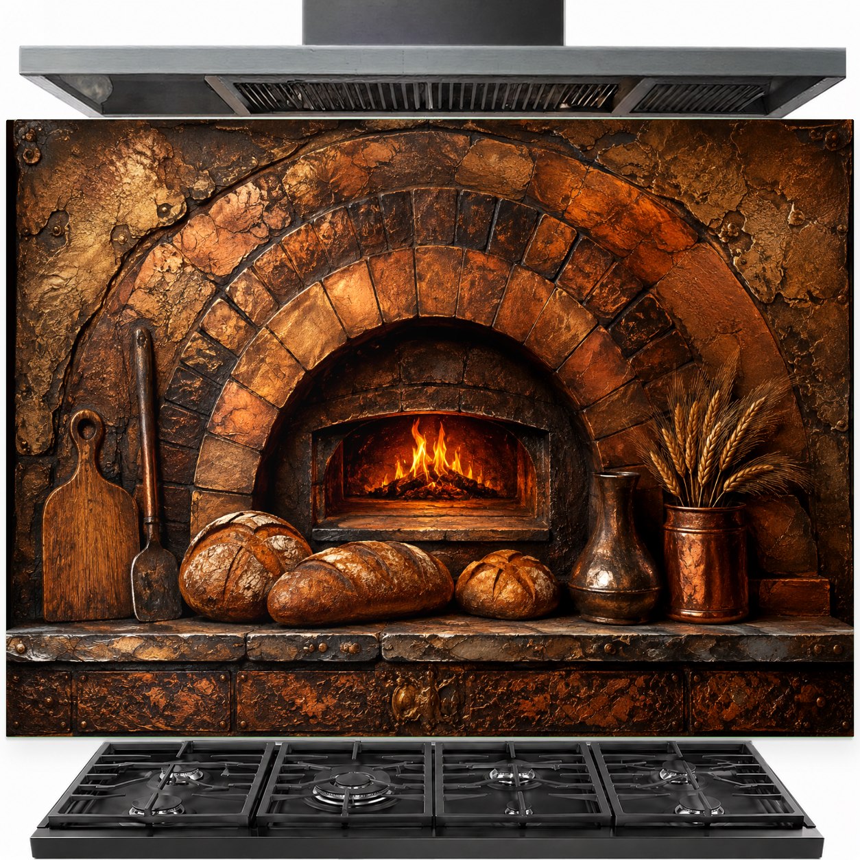 Rustic Oven tempered glass backsplash installed behind a modern gas range in a farmhouse style kitchen.