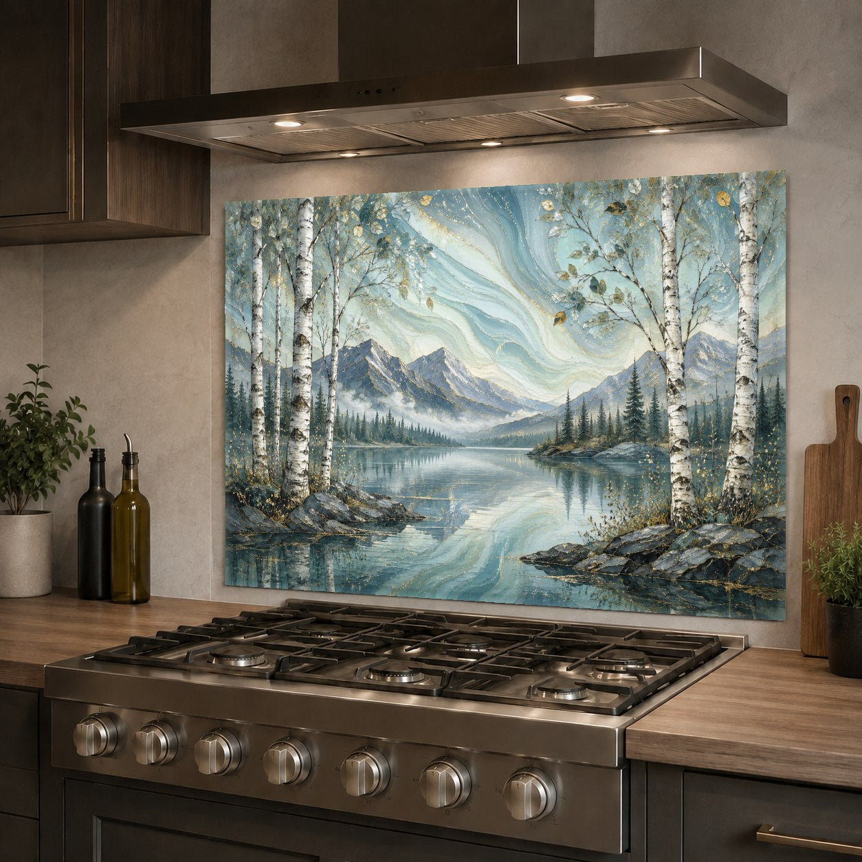 Misty Great Lake landscape design printed on a tempered glass backsplash behind a stainless steel kitchen sink.