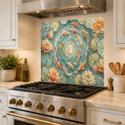 Stunning kitchen stove backsplash featuring shimmering gold and amber koi fish on high-gloss glass.