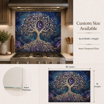 Stunning nebula tree of life glass kitchen backsplash in a modern dark-themed home bar area.