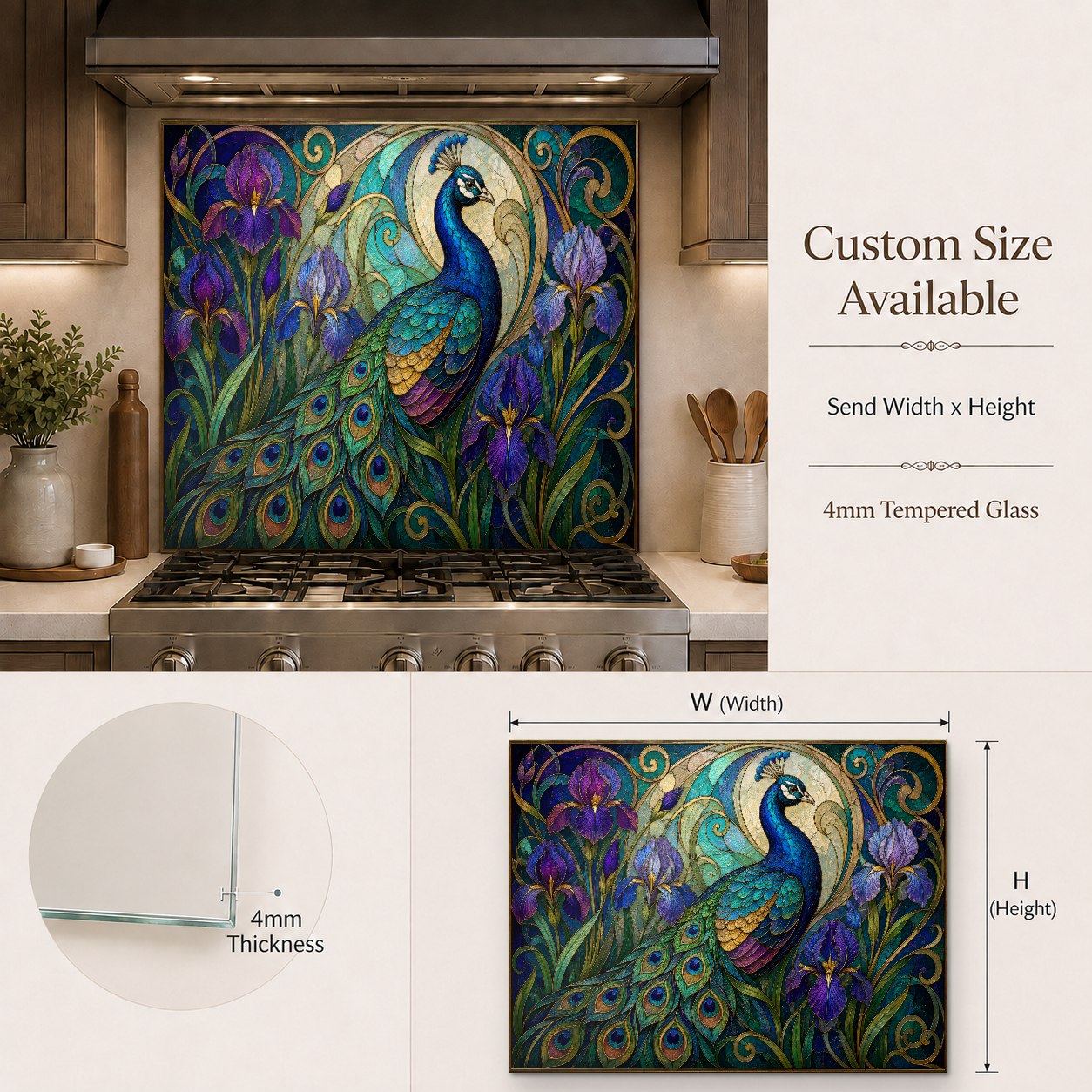 Heat resistant tempered glass backsplash panel behind kitchen range