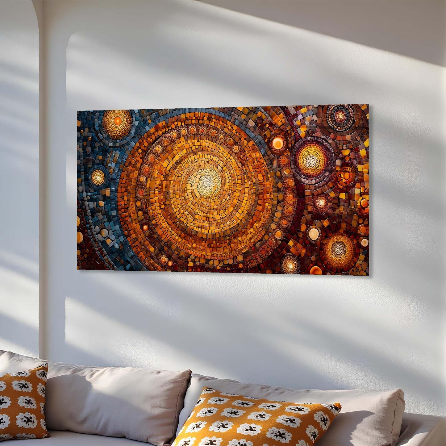 Abstract circular artwork on a white wall above a sofa with patterned cushions.