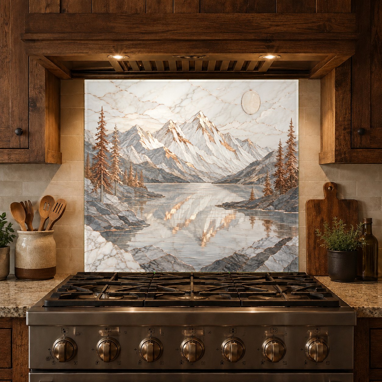 Heat-resistant glass backsplash with a copper lake landscape, protecting kitchen walls from grease splatters.