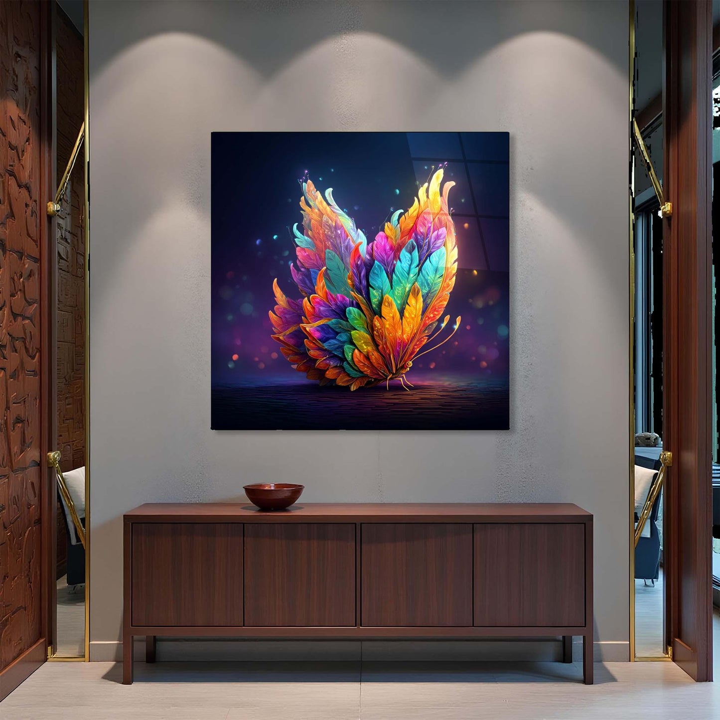 Colorful abstract artwork on a wall above a wooden cabinet.