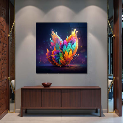 Colorful abstract artwork on a wall above a wooden cabinet.