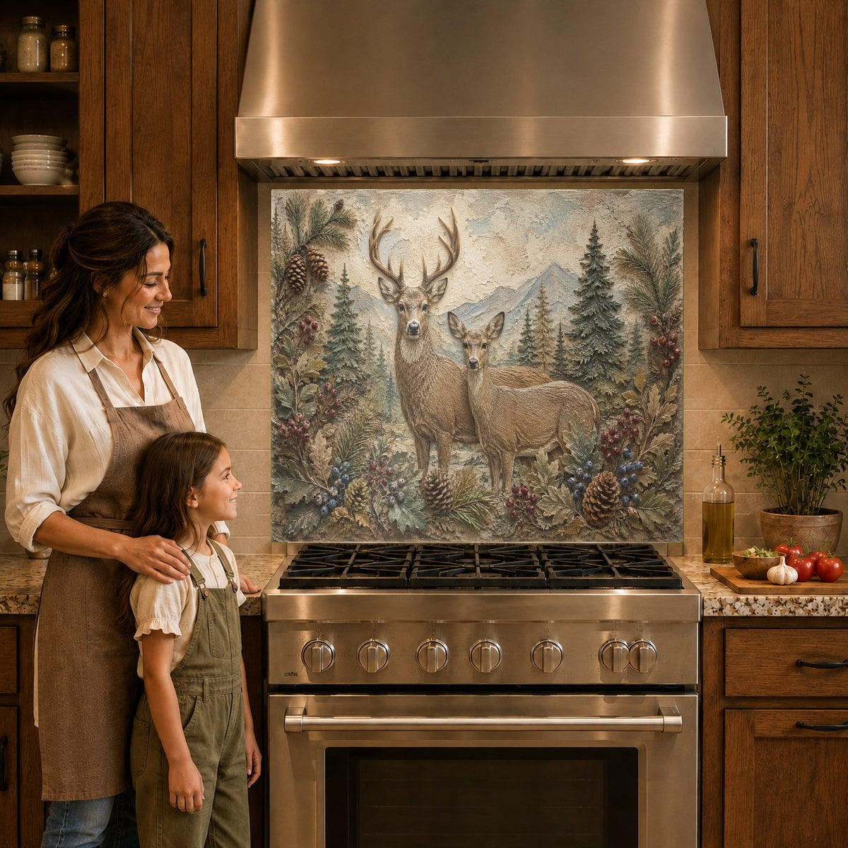 A beautiful forest deer family glass backsplash protecting the wall behind a modern cooktop stove.