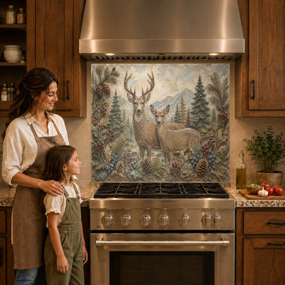A beautiful forest deer family glass backsplash protecting the wall behind a modern cooktop stove.