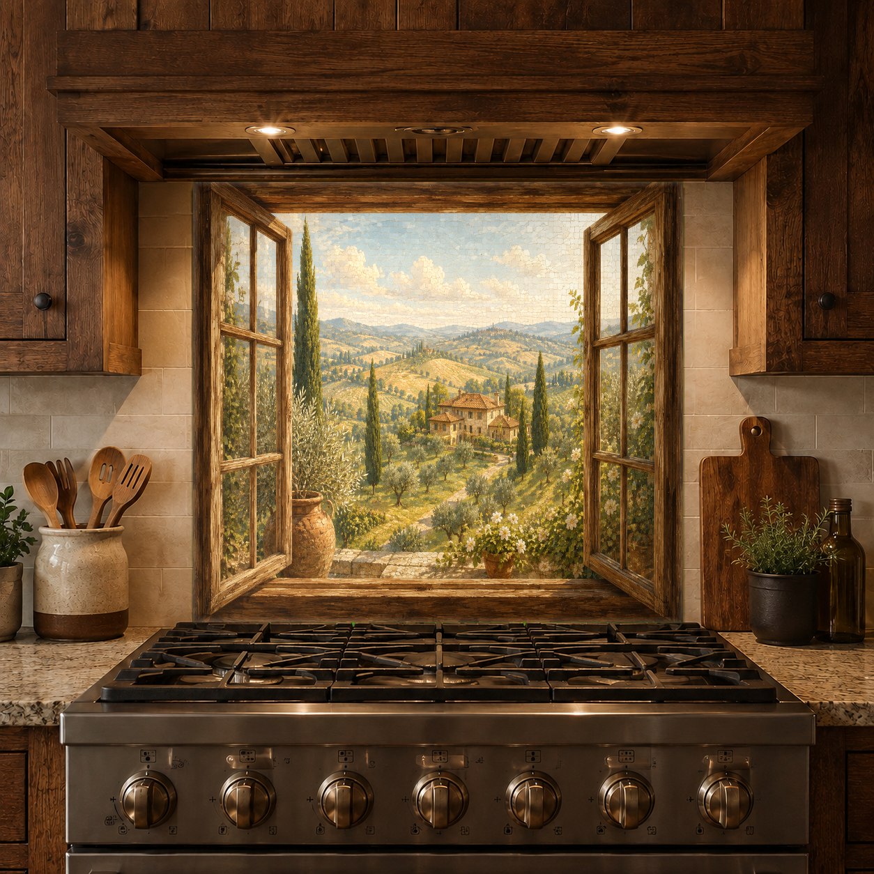 Custom-sized garden view glass panel serving as a hygienic, grout-free kitchen backsplash.