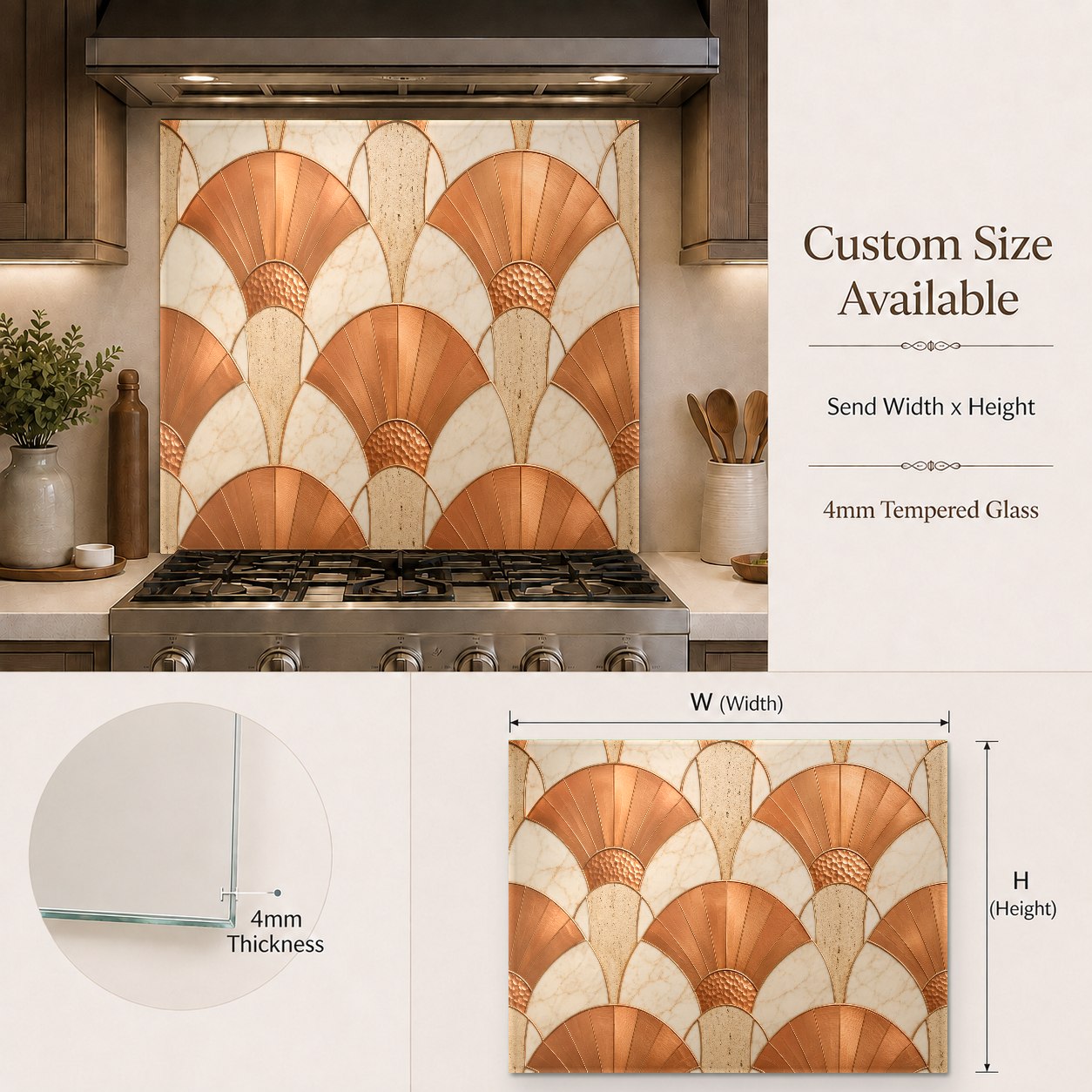 Elegant kitchen design showing a custom copper abstract tempered glass backsplash protecting the wall from cooking grease.