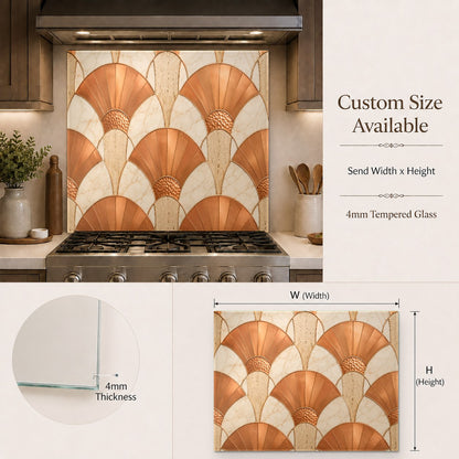 Elegant kitchen design showing a custom copper abstract tempered glass backsplash protecting the wall from cooking grease.