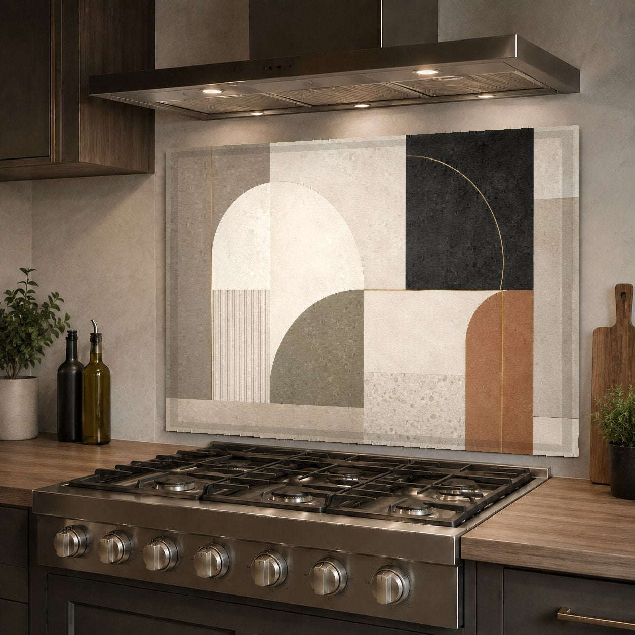 Contemporary abstract glass backsplash protecting the sink wall in a modern kitchen