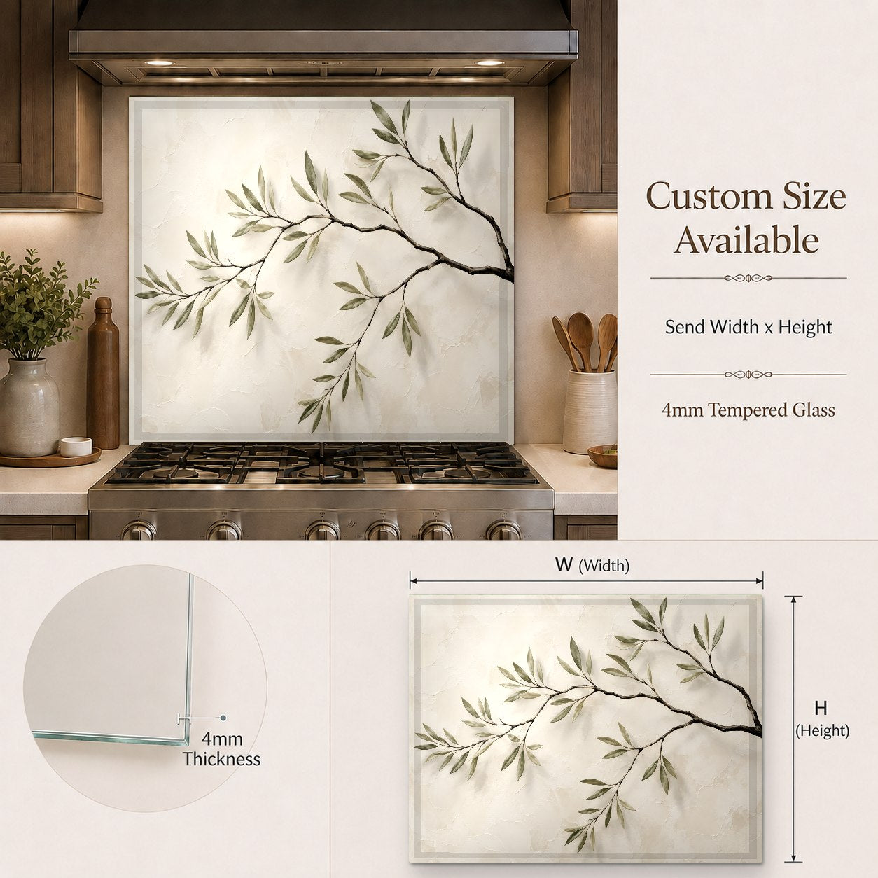 Tree branches tempered glass backsplash accenting a stylish home bar area