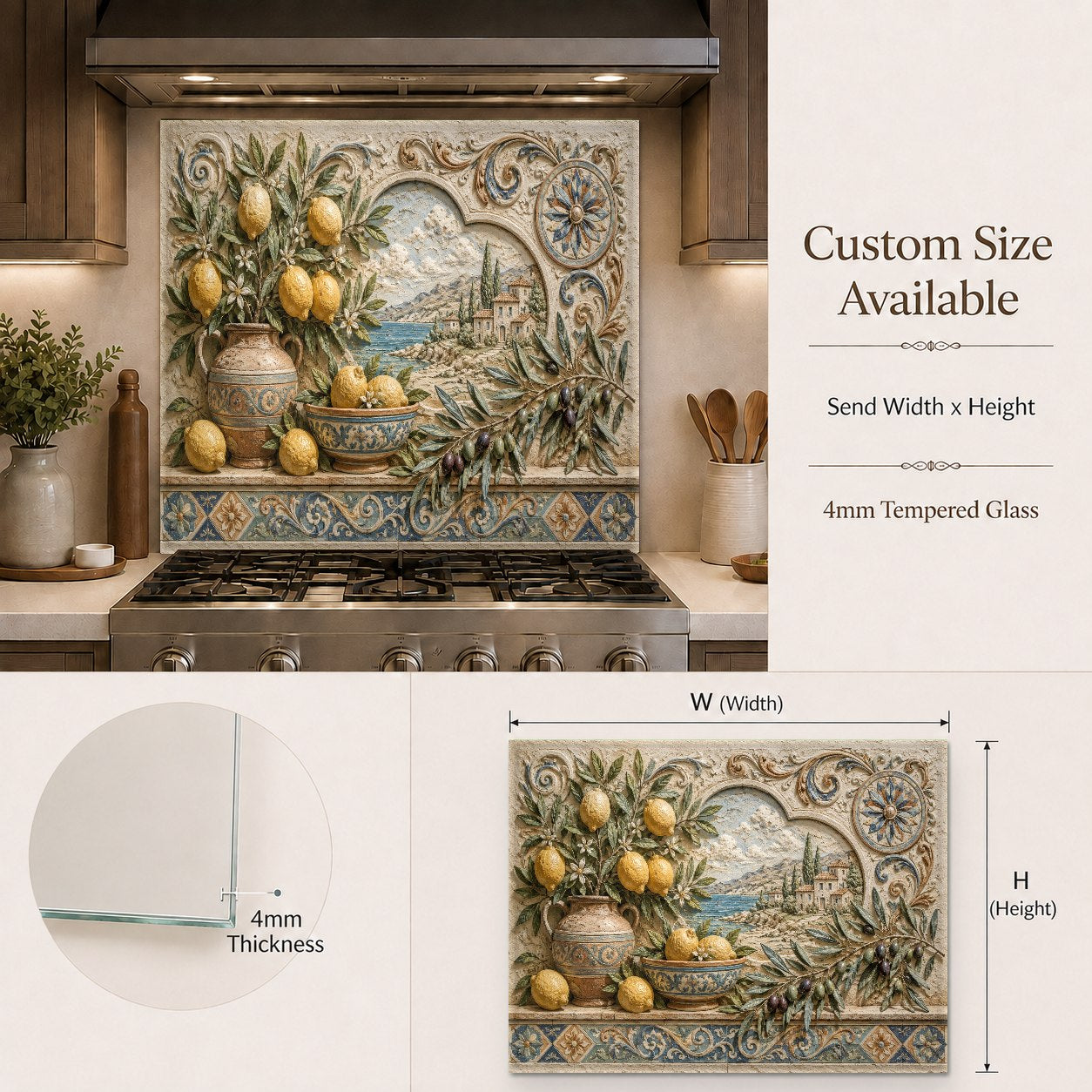 Olive and lemon kitchen glass backsplash in home bar area setting