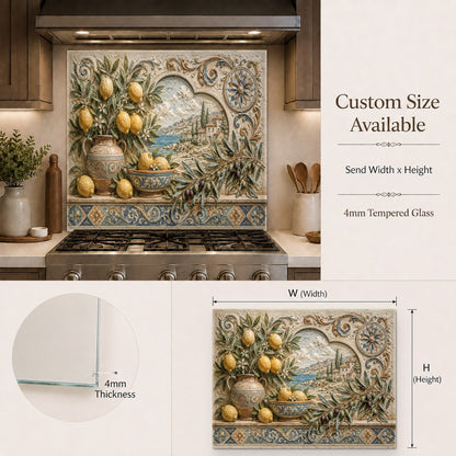 Olive and lemon kitchen glass backsplash in home bar area setting