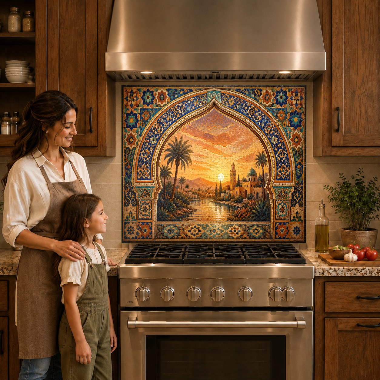 Heat resistant glass backsplash with a desert sunset design mounted behind an induction cooktop.