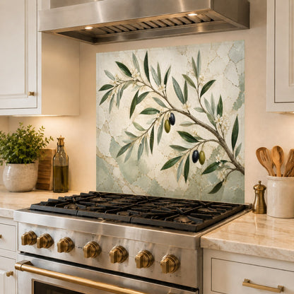 Chic home bar area styled with a botanical glass backsplash panel featuring muted green olive branches.