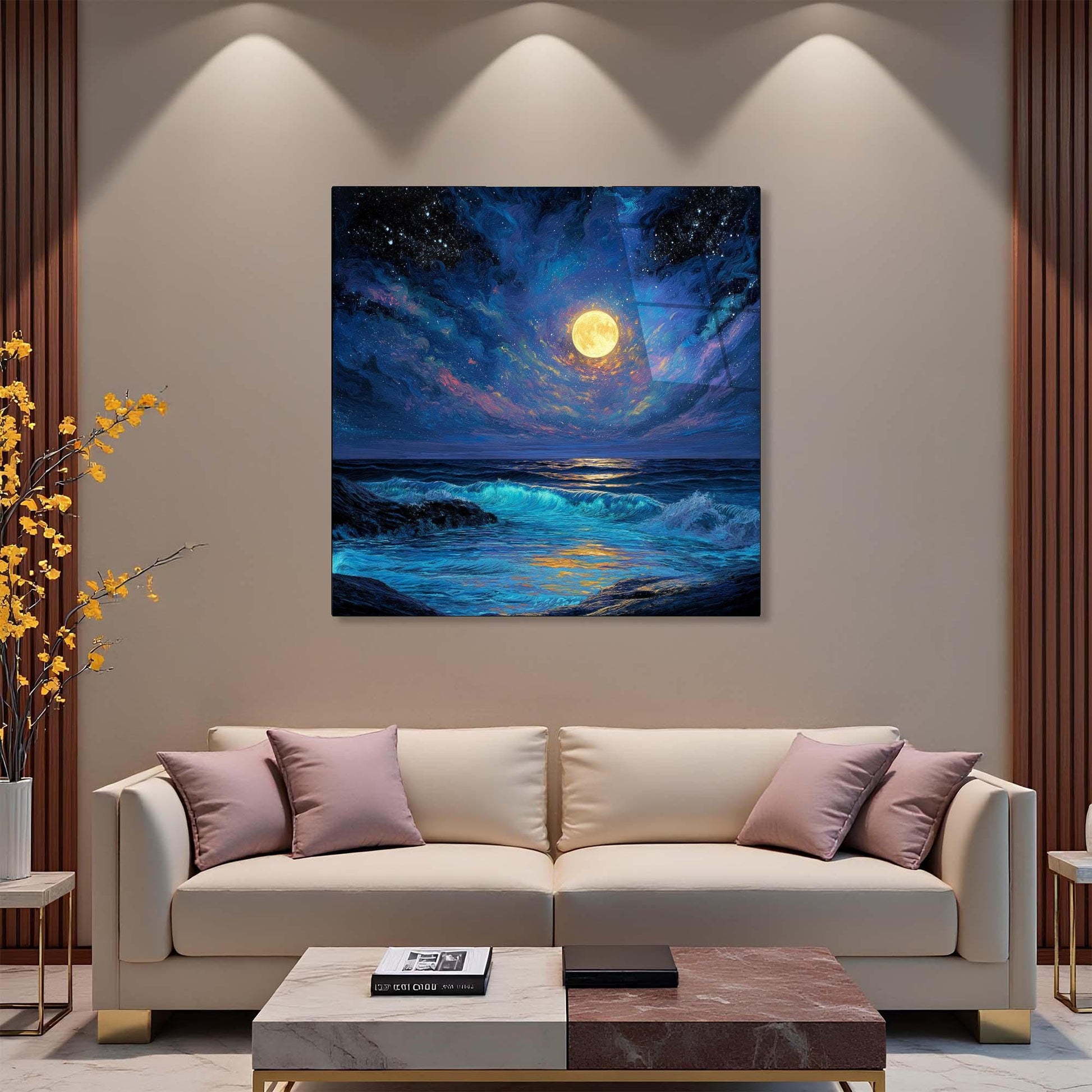 Modern living room with a beige sofa, decorative pillows, and a large painting of a moonlit sea on the wall.