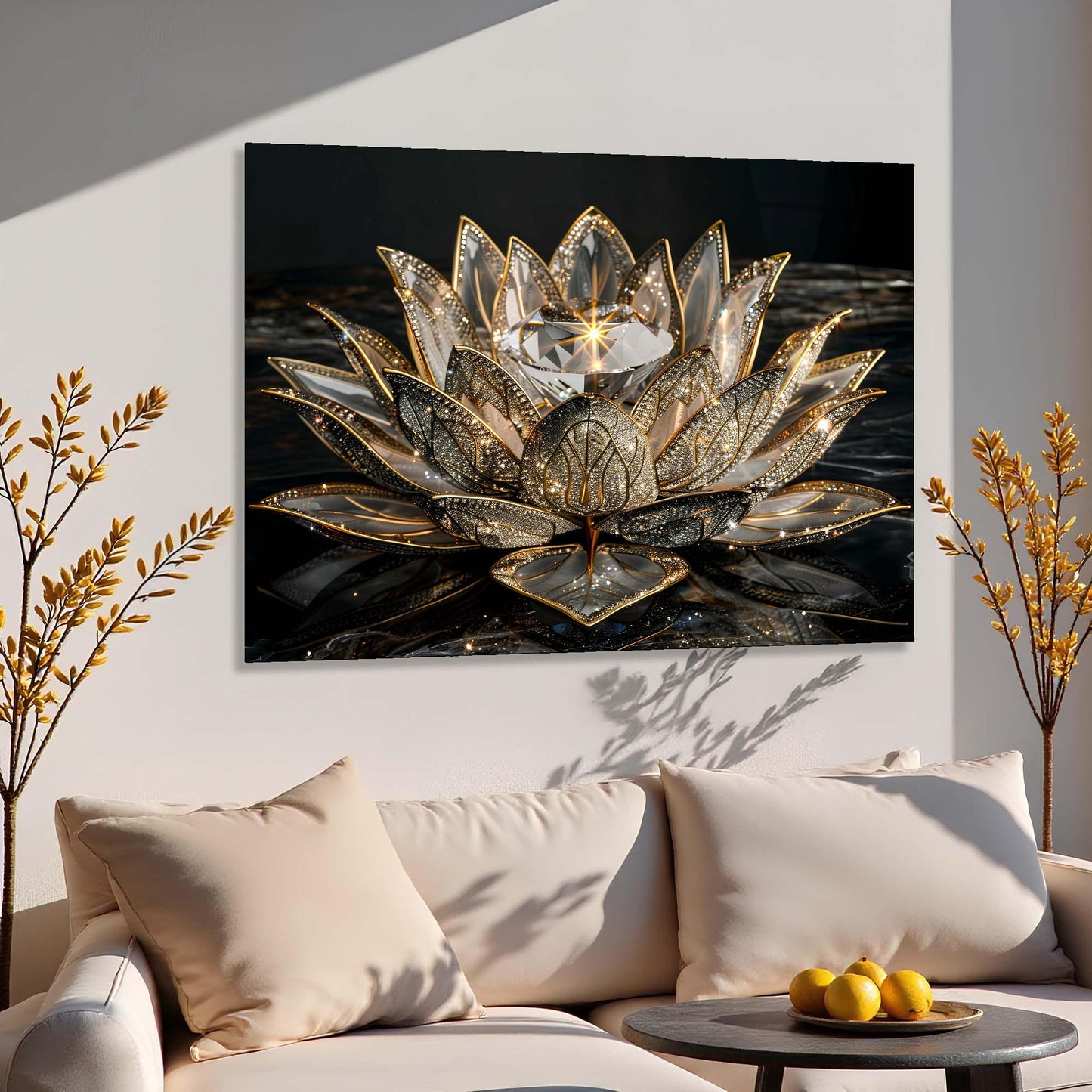 Decorative painting of a gold lotus flower on a wall above a beige sofa.
