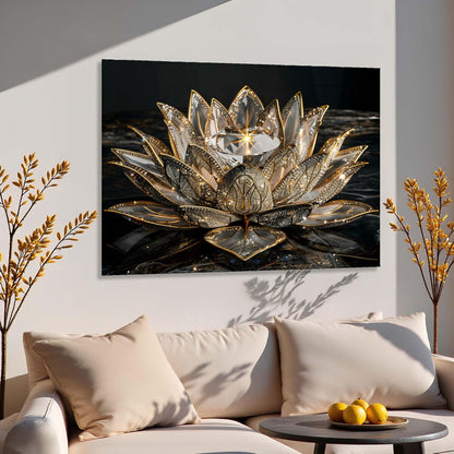 Decorative painting of a gold lotus flower on a wall above a beige sofa.