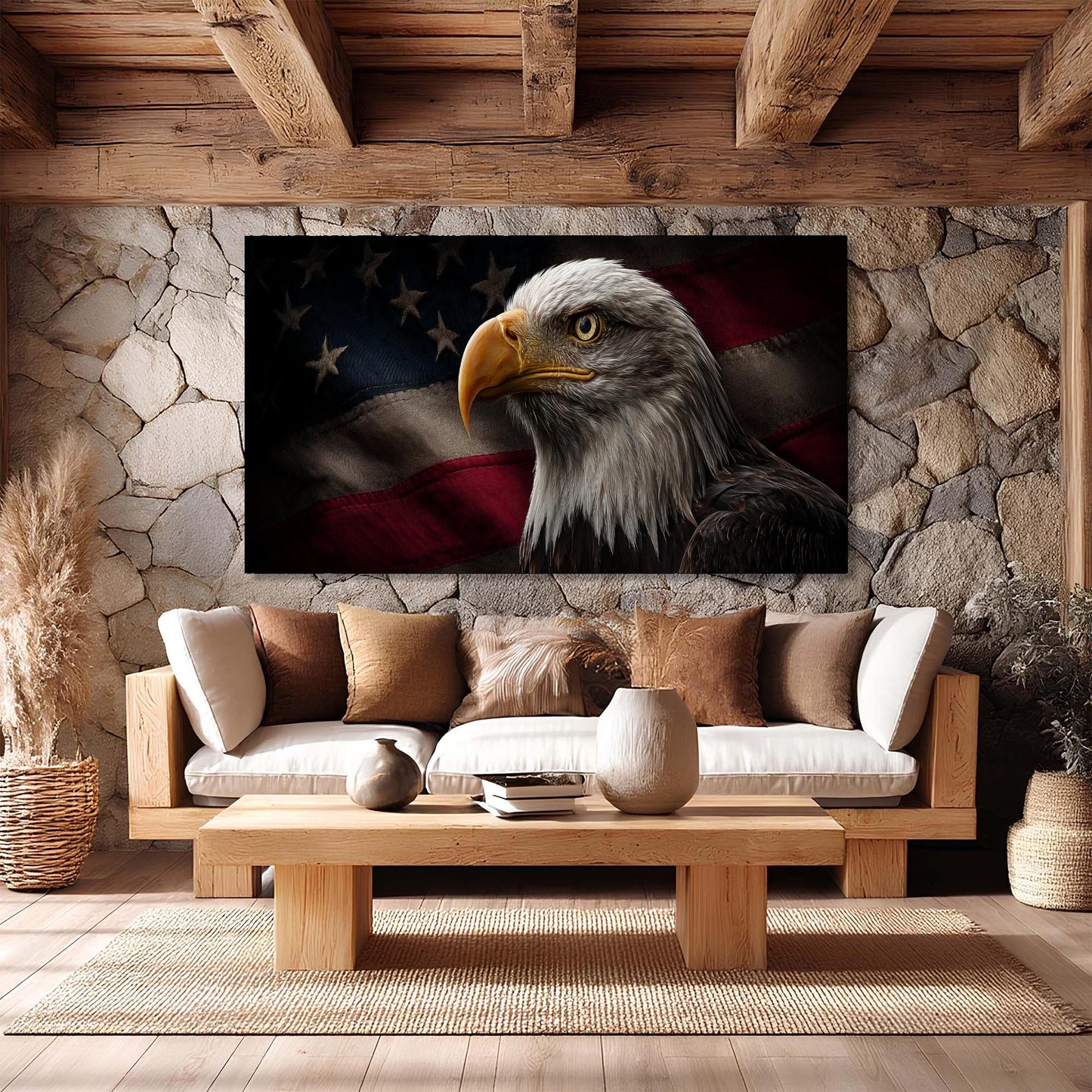Living room with stone wall, sofa, coffee table, and large framed picture of an eagle with American flag.