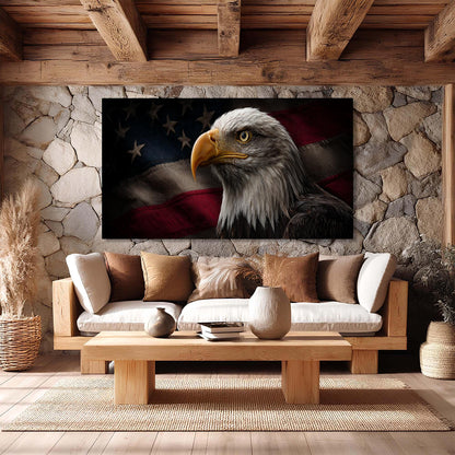Living room with stone wall, sofa, coffee table, and large framed picture of an eagle with American flag.