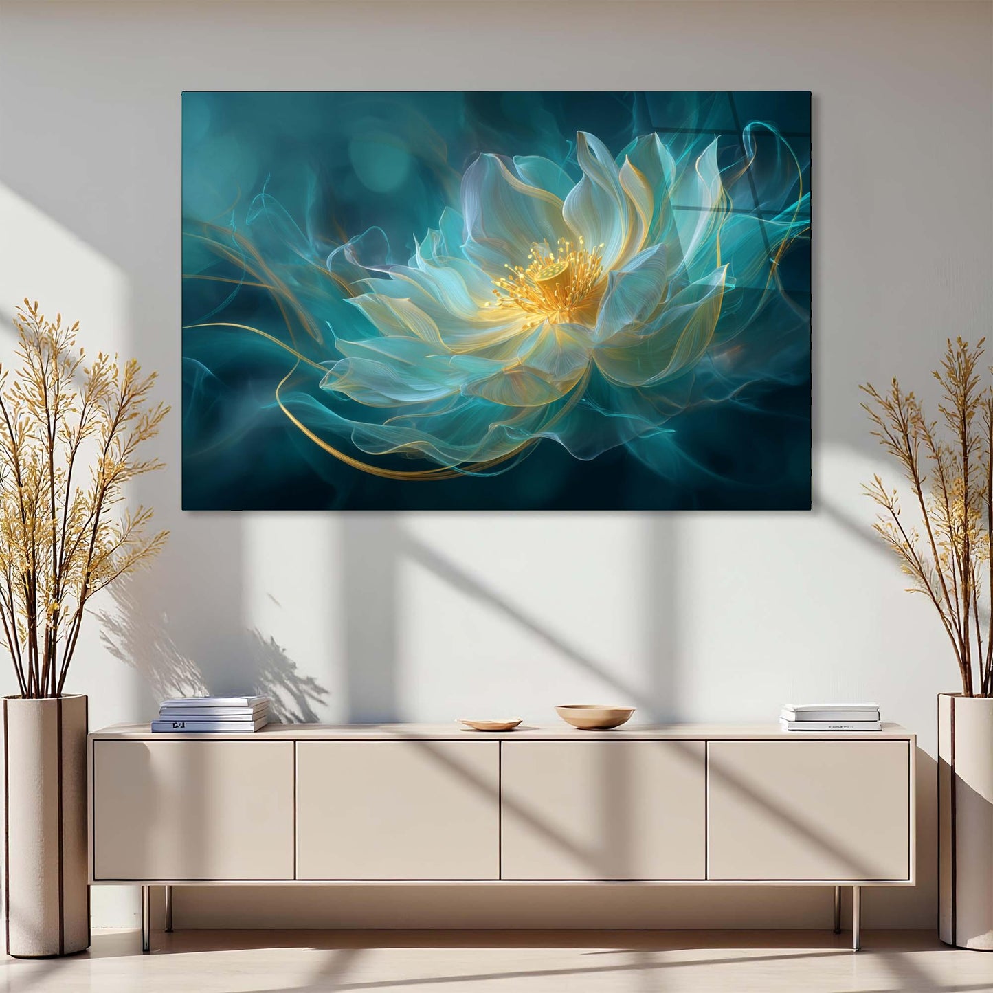 Modern interior with a large abstract flower painting on the wall above a light-colored cabinet.