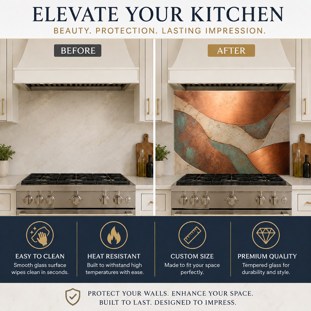 Easy-to-clean copper flow glass kitchen backsplash mounted on the wall behind a stainless steel sink.