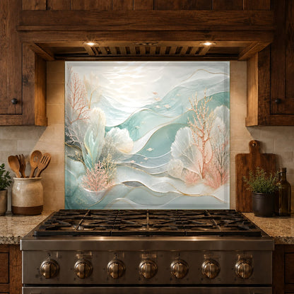 Custom coastal tempered glass backsplash installed in a luxury home