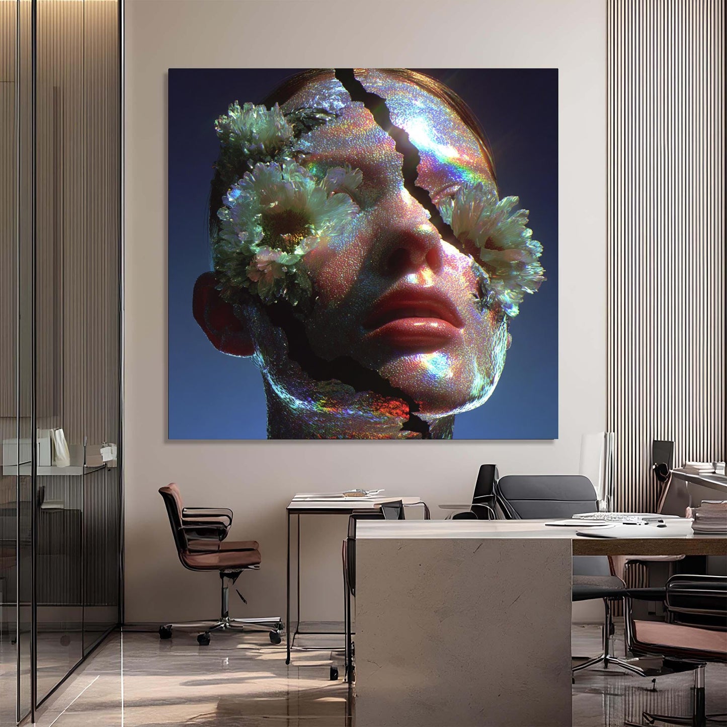 Modern office interior with a large abstract art piece on the wall.