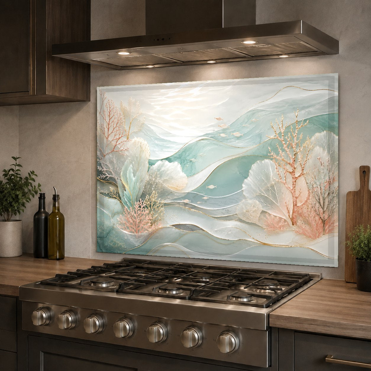 Seaside themed glass backsplash protecting a kitchen sink wall