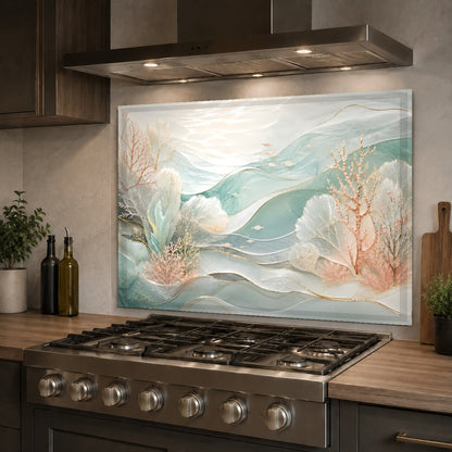 Seaside themed glass backsplash protecting a kitchen sink wall