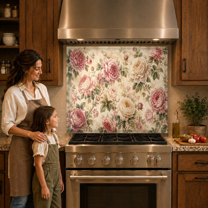 Romantic floral glass backsplash panel protecting the wall behind an induction cooktop.