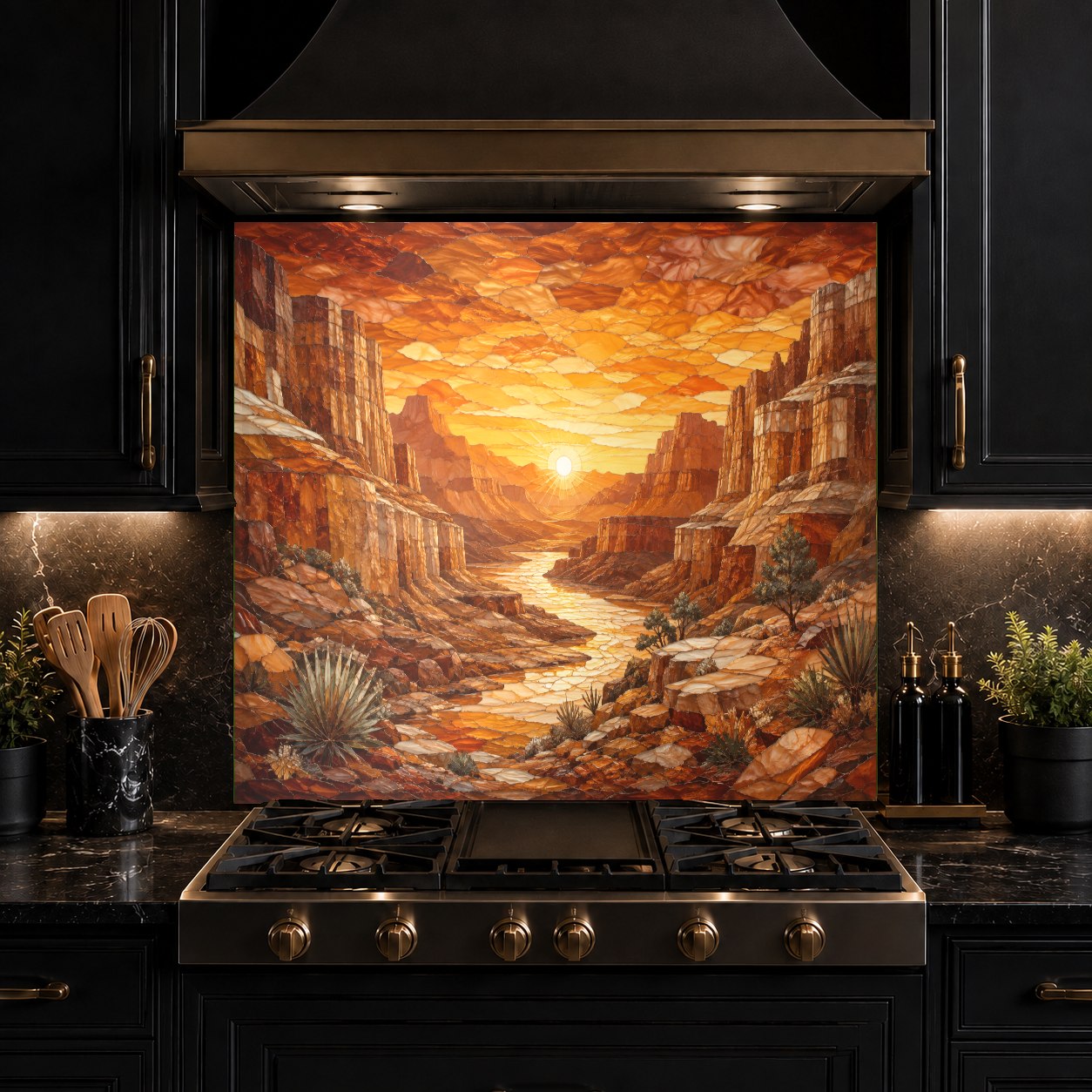 Canyon Sunset artistic glass backsplash panel reflecting light in a luxury kitchen