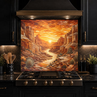 Canyon Sunset artistic glass backsplash panel reflecting light in a luxury kitchen