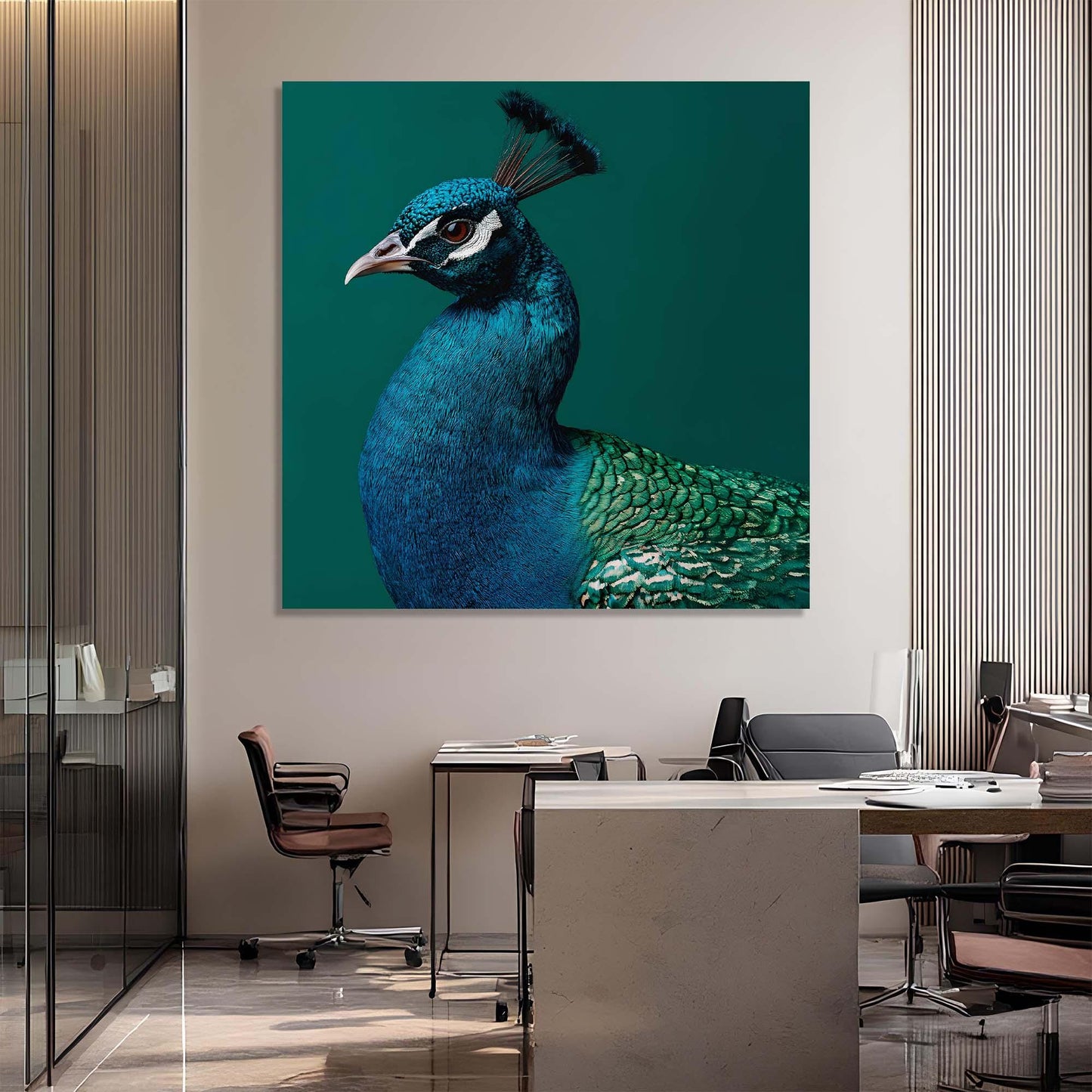 Peacock painting on a wall in an office setting