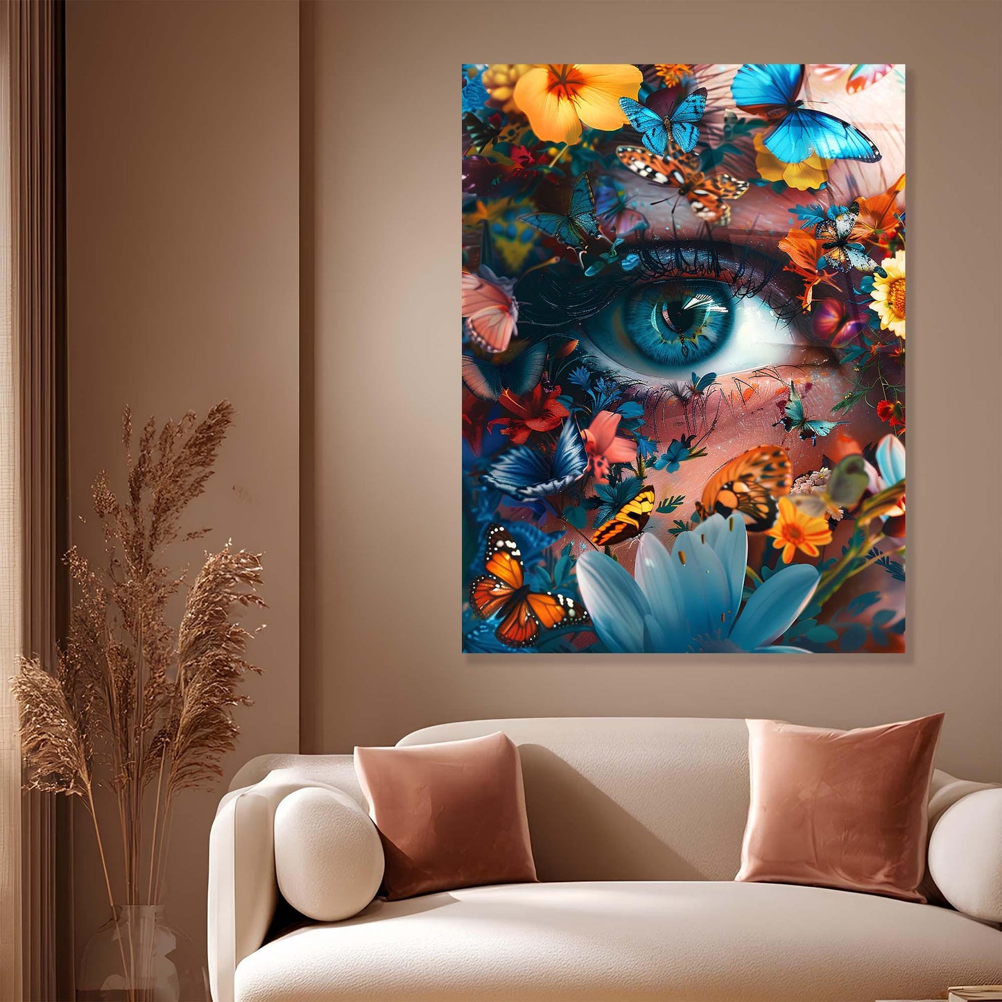 Colorful abstract painting of an eye surrounded by flowers and butterflies in a living room setting.