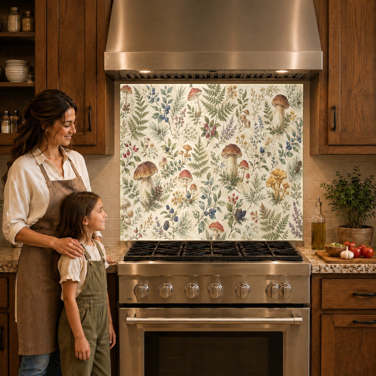 Lush floral kitchen glass backsplash featuring green leaves and wildflowers behind a professional slide-in range.